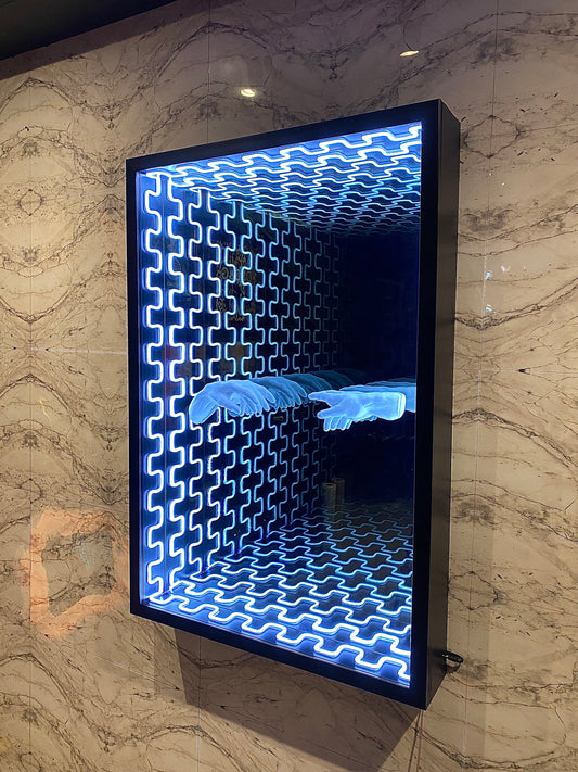 Neon Wall Art – Floating Hands in Infinity Tunnel