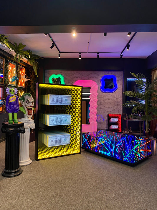 Pop Art Neon Lounge Installation – Money, Mirrors & Mayhem