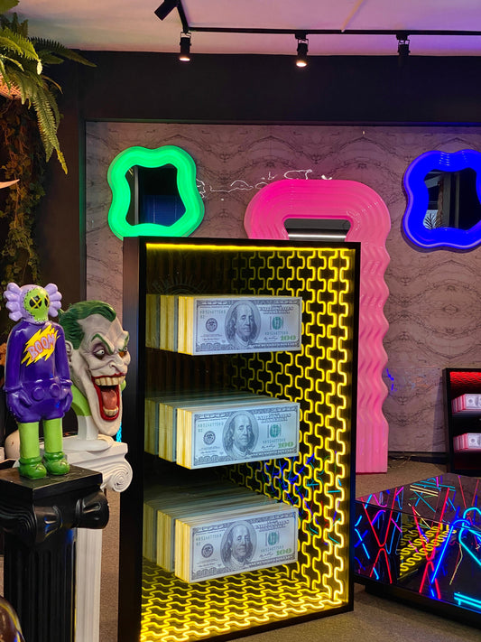 Pop Art Neon Lounge Installation – Money, Mirrors & Mayhem